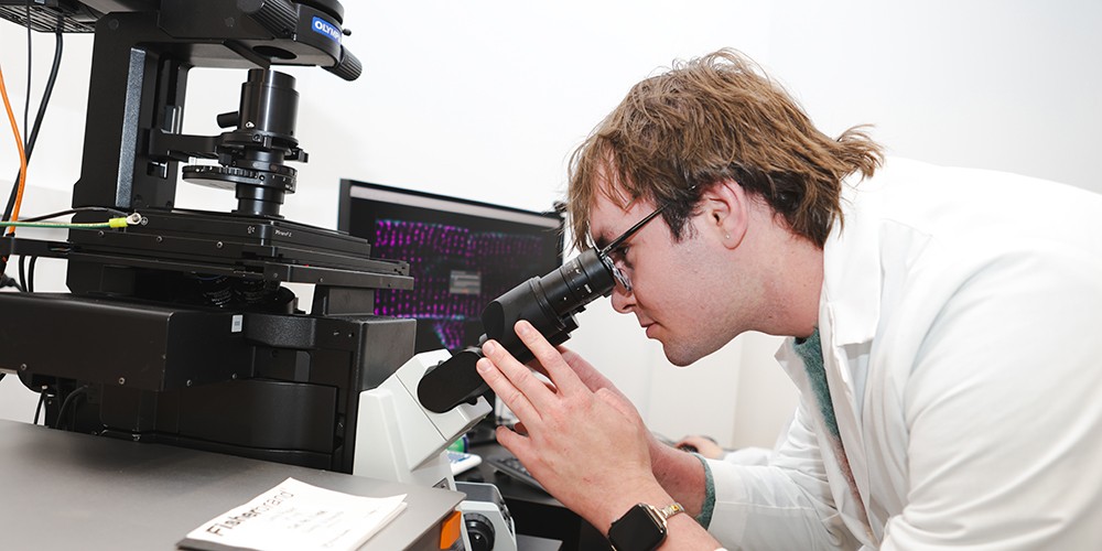 Student looking in digital microscope